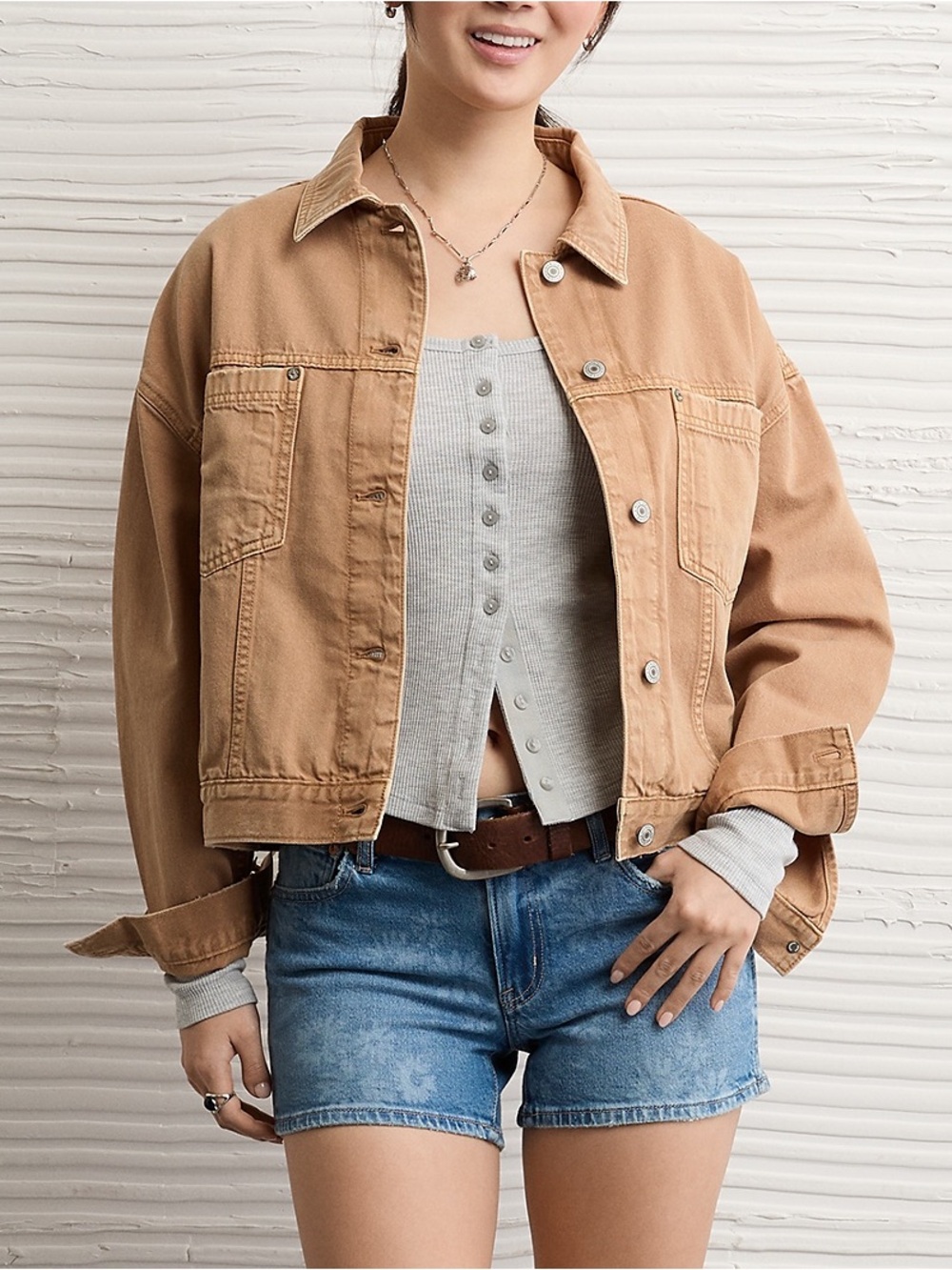 American Eagle Outfitters Washed Light Brown/Tan Denim Jacket